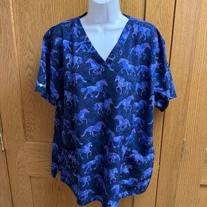 Carhartt Force  Blue Horse Print Scrub Top - 2X